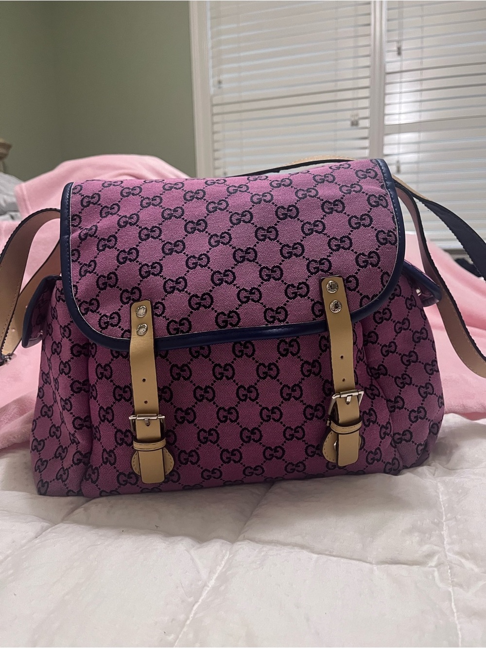 Gucci GG Canvas Diaper bag with Tan Leather Straps